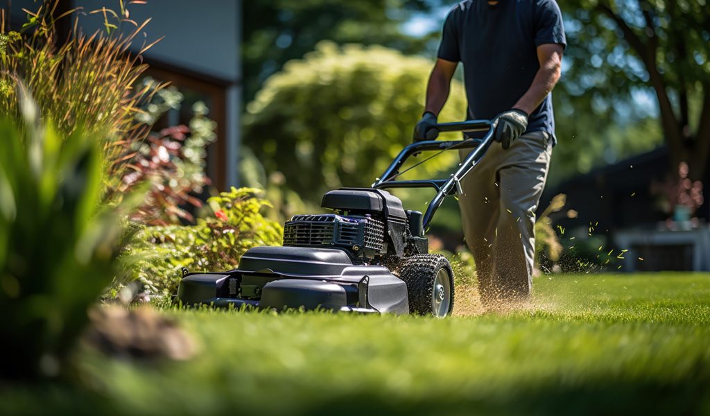 A gardener cuts the grass in a backyard.